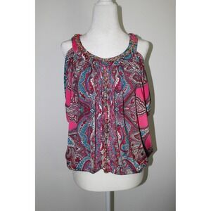 Cache‎ Women's Pink Paisley Peacock Cold Shoulder Top Gold Chain Neckline Size M